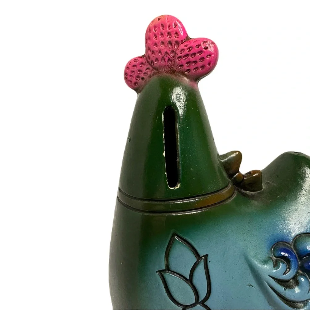 Chicken Feed Vintage Funky Whimsical Hen Chicken Coin Bank Bow Flowers 6.5” Tall - Picture 12 of 12